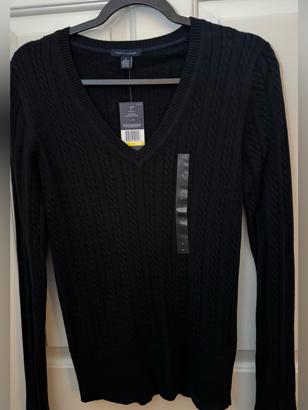 Tommy Hilfiger Sweater 100% Cotton Women's Black Cable Knit V-Neck Sweater *NWT*